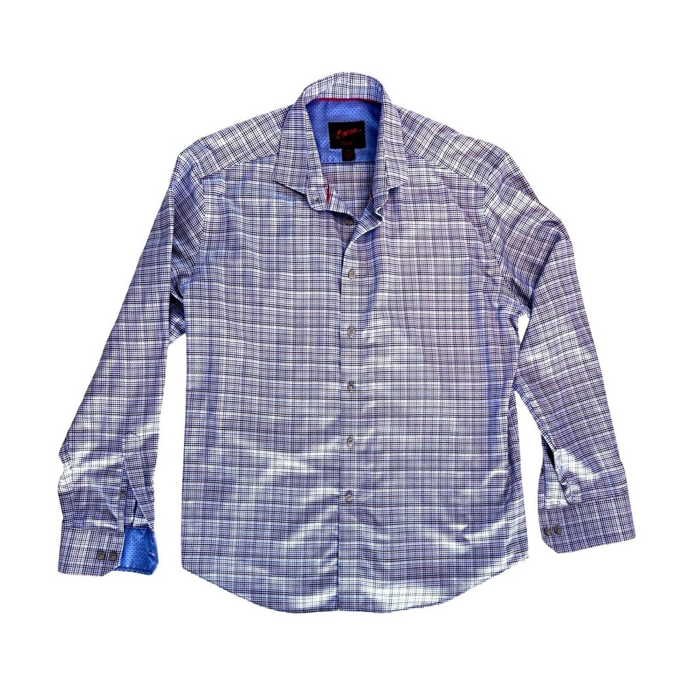 Egara Mens XL Slim Fit Stretch Non Iron Dress Shirt Blue White Houndstooth L/S